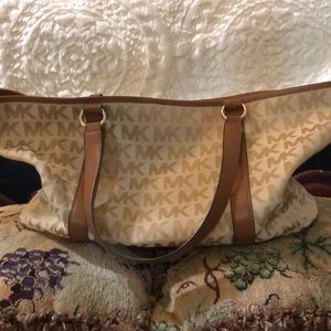 Large neutral Michael Kors fabric tote with leather detail!